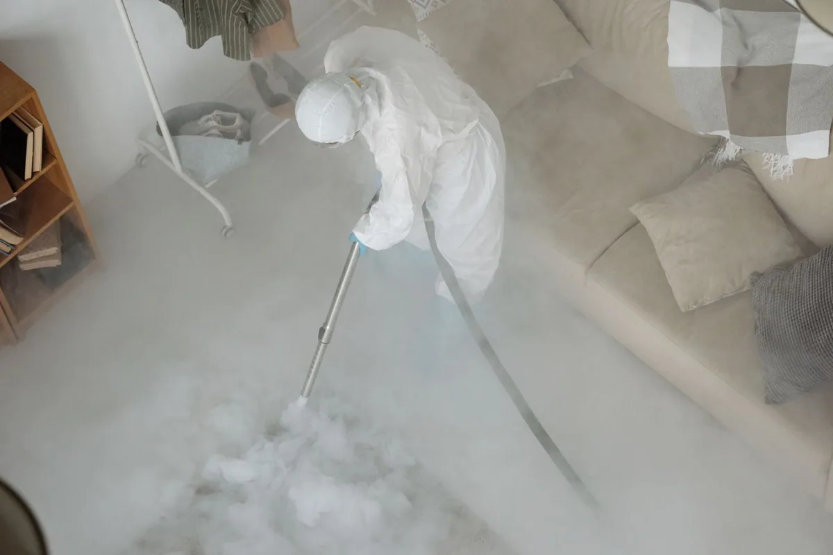 Biohazard cleanup technician in protective equipment, Hammonton, NJ